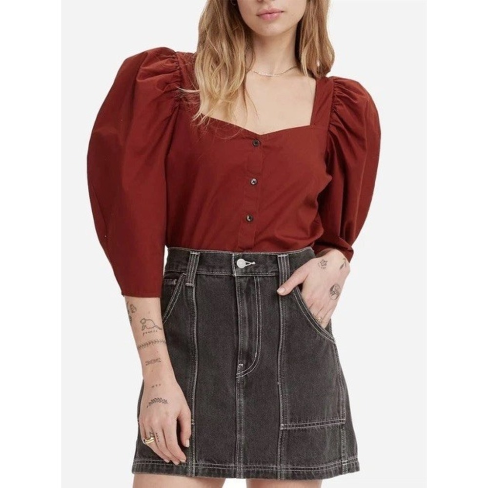 Levi's Ellora‎ Puff Sleeve Square Neck Button Front Blouse Womens M Rust Red